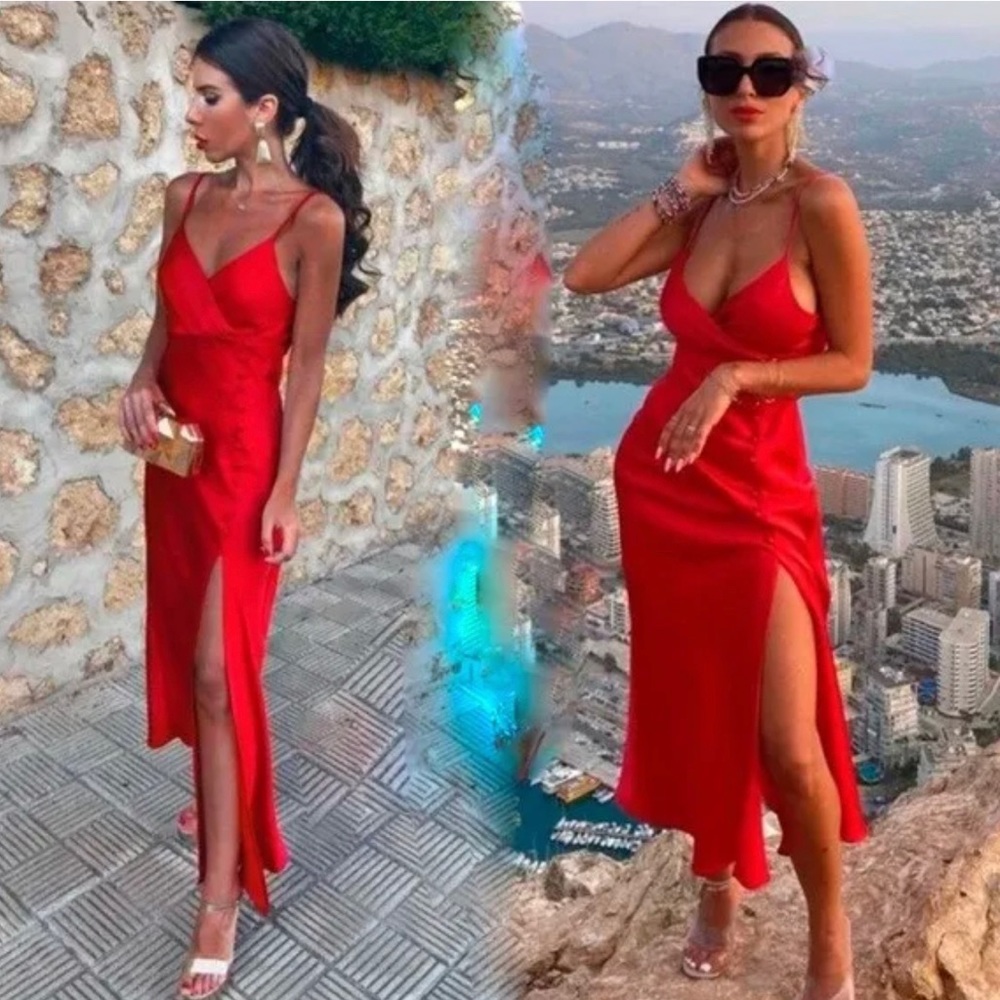 ZARA SS21 Red Satin Effect Lingerie Style Midi Slip Dress 8116/845 Side Slit M